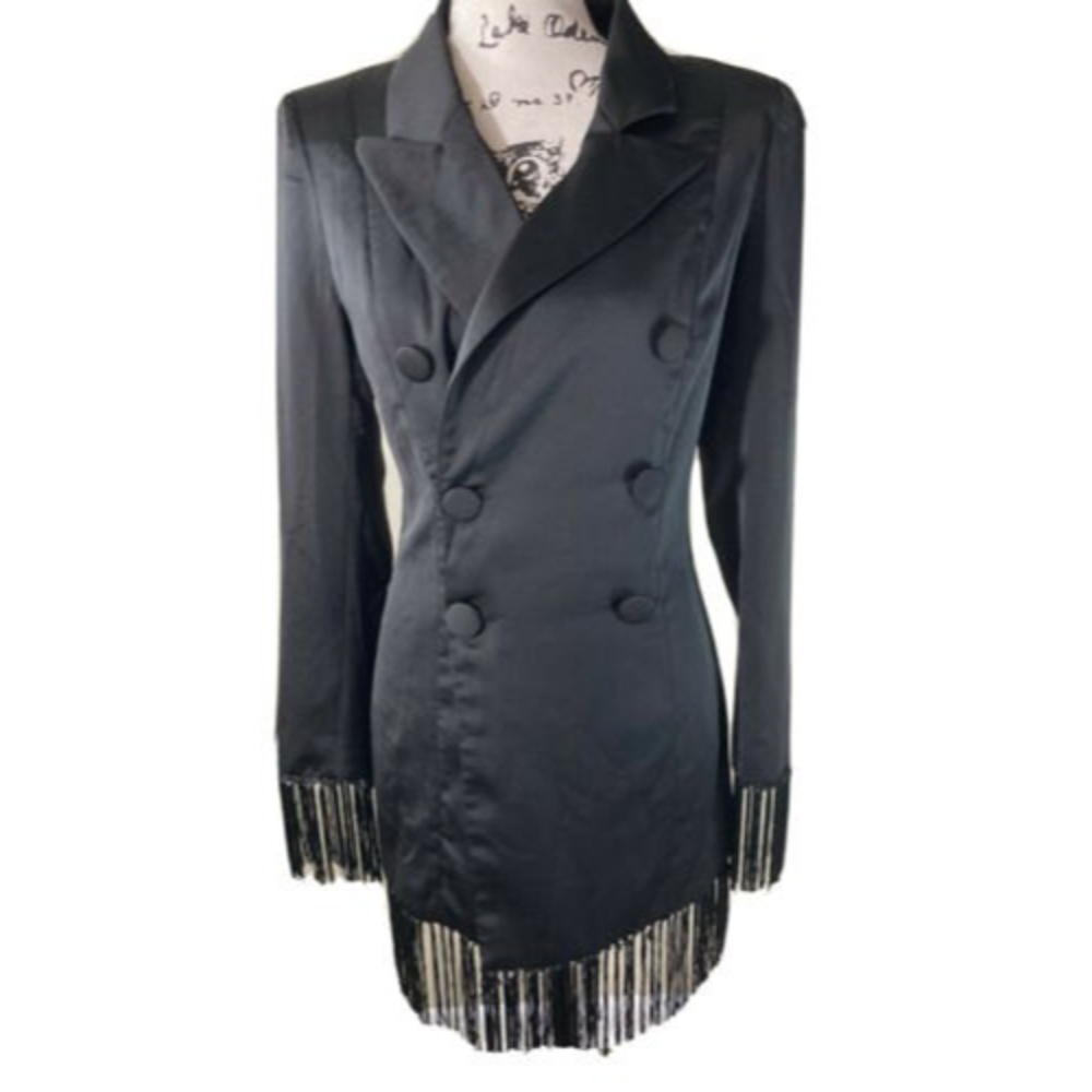 Latiste Black Double Brest Fringed Jacket Style Dress Fully Lined Sz Small NWTS